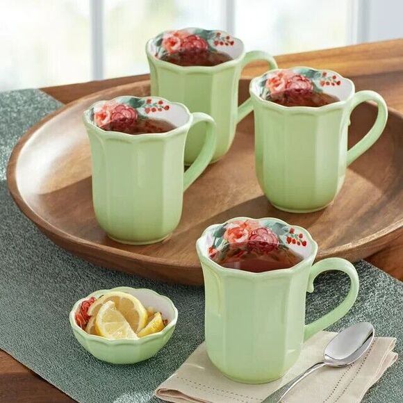 Pioneer Woman Painted Meadow Ceramic Mugs 4pc Cups Green Floral Kitchen Gift NEW - Picture 2 of 5
